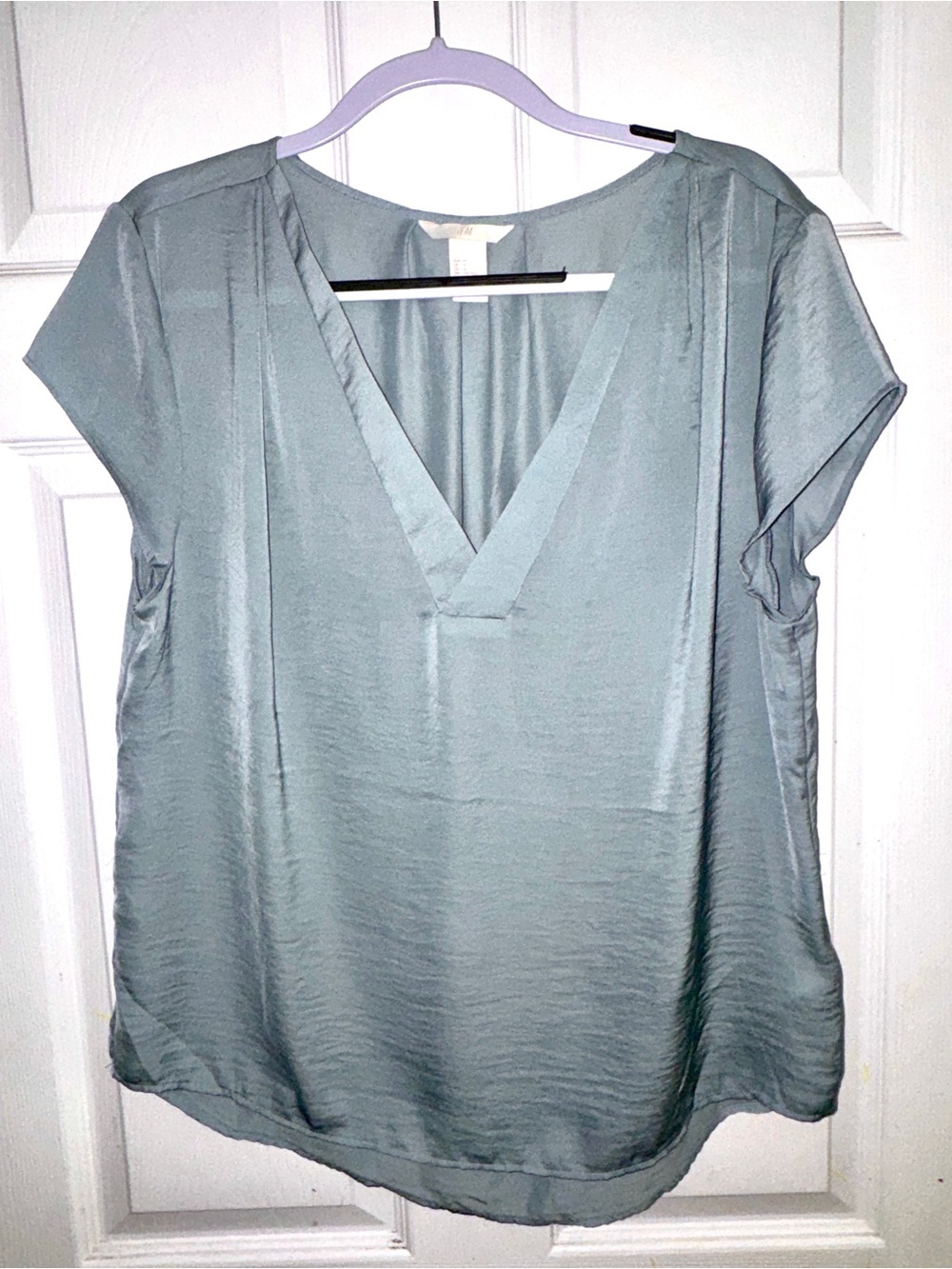 H&M Women’s V-Neck Satin Blouse - Light Sage/Taupe/Grey - 14